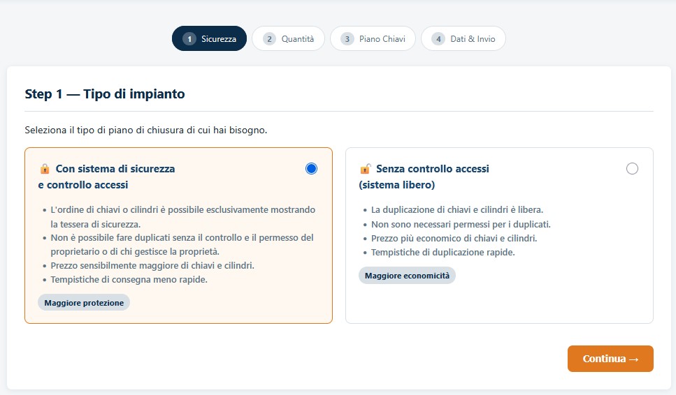 piano chiusura - seleziona tipo impianto